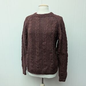 Handmade Wool Long Sleeve Crewneck Brown Purple Plum Cable Knit Sweater